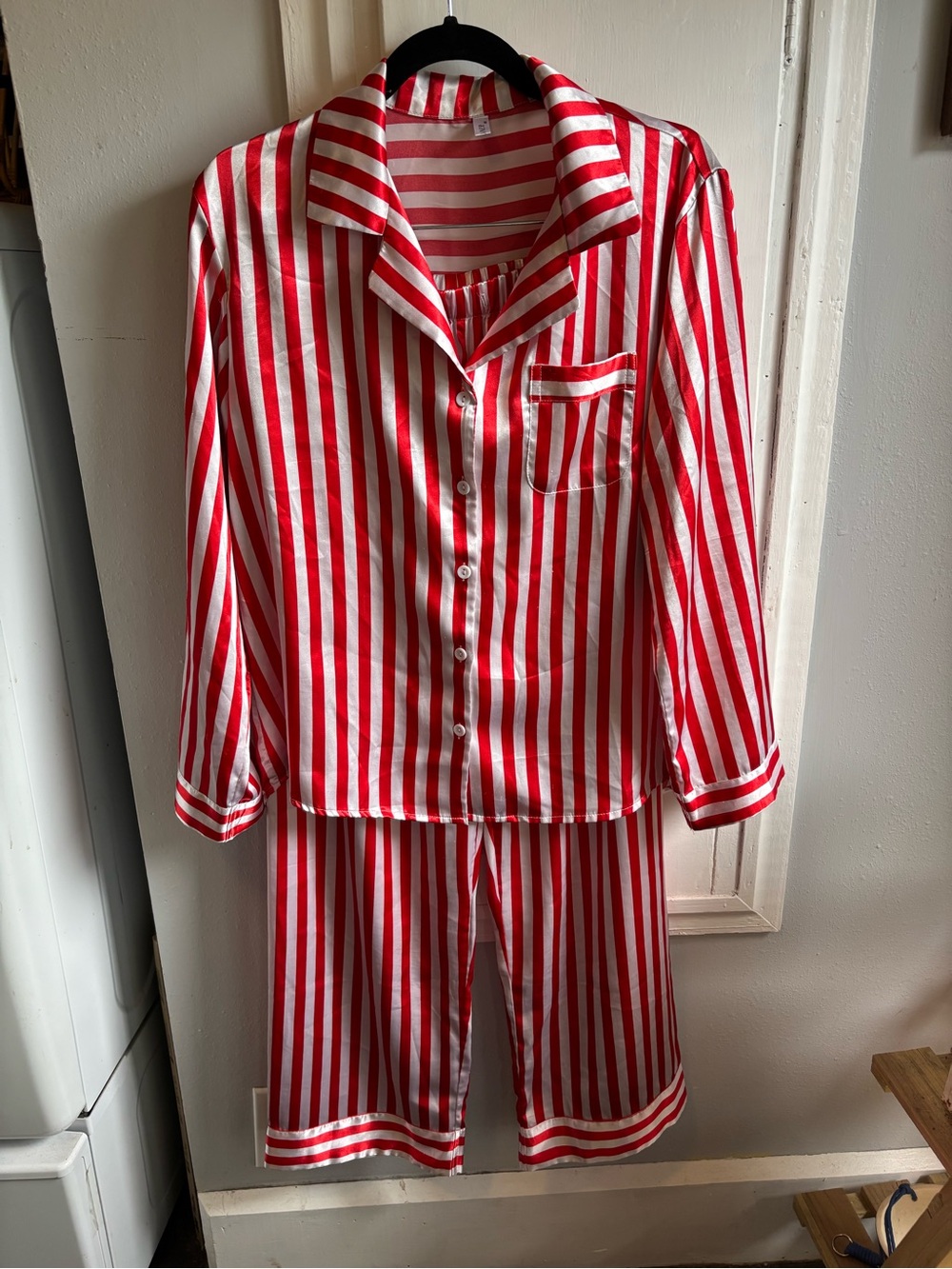 Striped Satin Pajama Set in Red & White